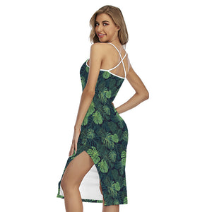 Monstera Palm Leaves Pattern Print Cross Back Cami Dress