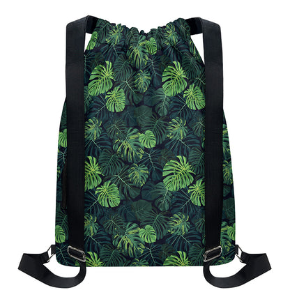 Monstera Palm Leaves Pattern Print Drawstring Backpack
