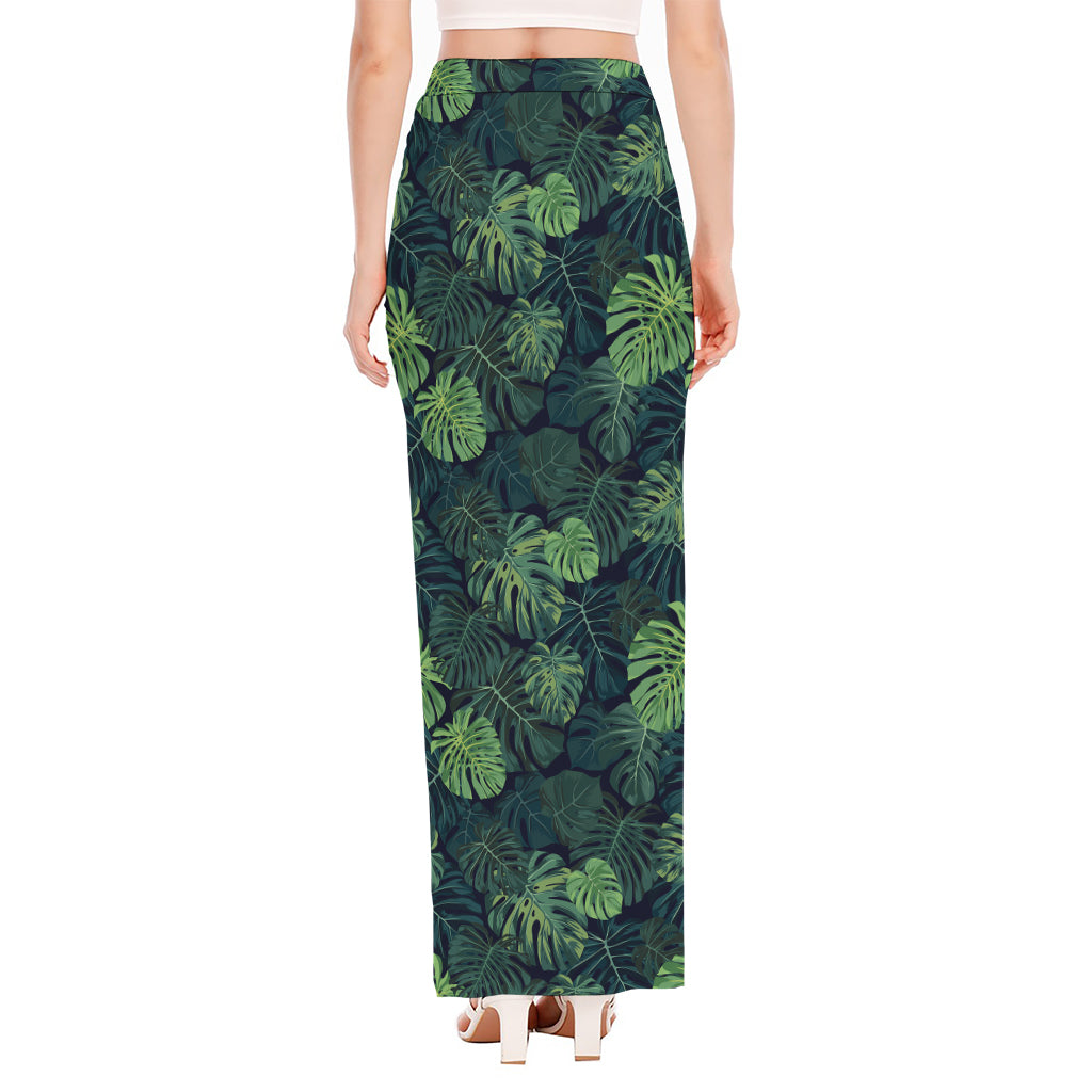 Monstera Palm Leaves Pattern Print High Slit Maxi Skirt