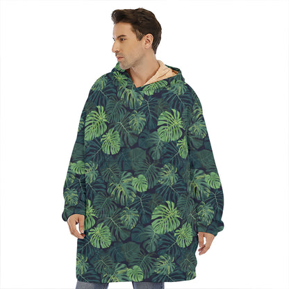 Monstera Palm Leaves Pattern Print Hoodie Blanket