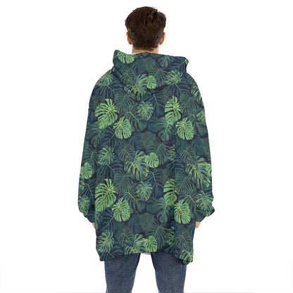 Monstera Palm Leaves Pattern Print Hoodie Blanket