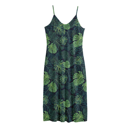 Monstera Palm Leaves Pattern Print Jersey Midi Cami Dress