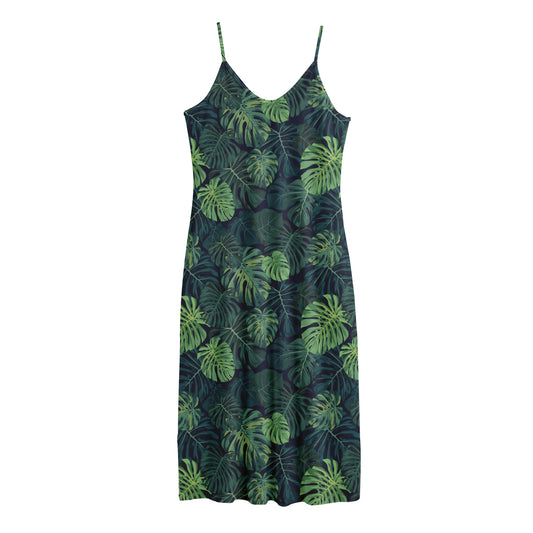 Monstera Palm Leaves Pattern Print Jersey Midi Cami Dress