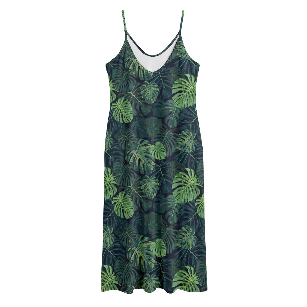Monstera Palm Leaves Pattern Print Jersey Midi Cami Dress