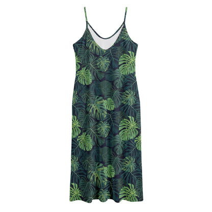 Monstera Palm Leaves Pattern Print Jersey Midi Cami Dress