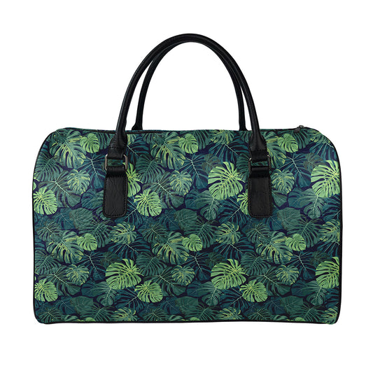 Monstera Palm Leaves Pattern Print Leather Duffle Bag