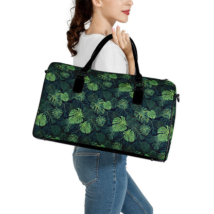 Monstera Palm Leaves Pattern Print Leather Duffle Bag