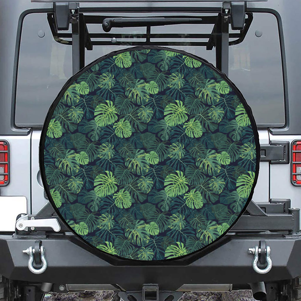 Monstera Palm Leaves Pattern Print Leather Spare Tire Cover