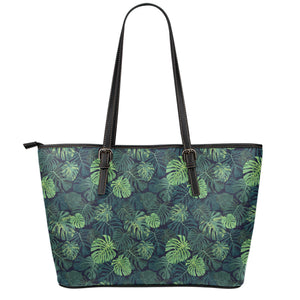 Monstera Palm Leaves Pattern Print Leather Tote Bag