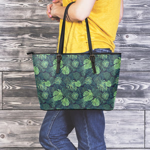 Monstera Palm Leaves Pattern Print Leather Tote Bag