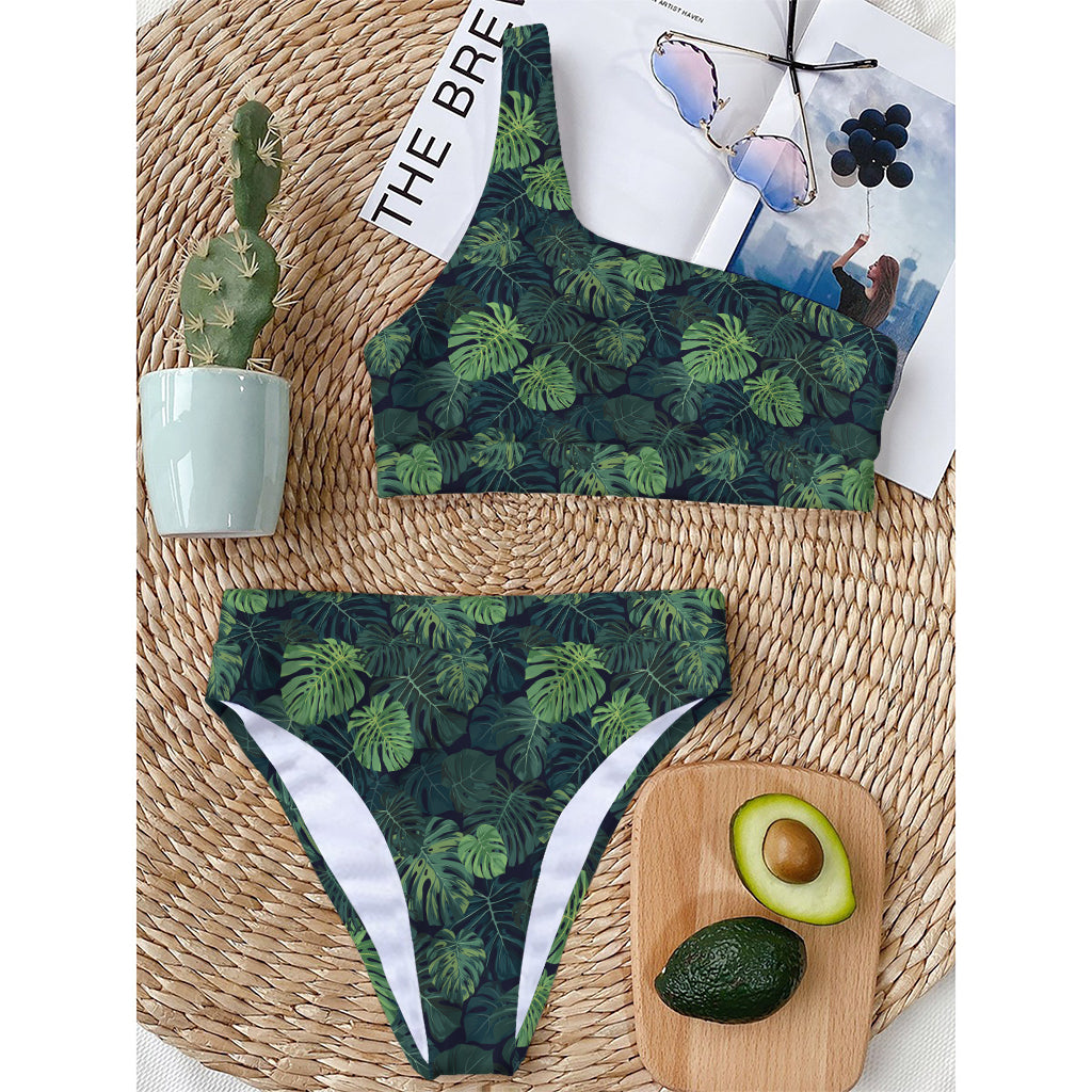 Monstera Palm Leaves Pattern Print One Shoulder Bikini Top