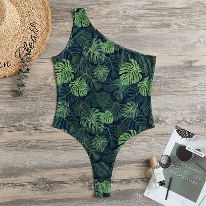 Monstera Palm Leaves Pattern Print One Shoulder Bodysuit