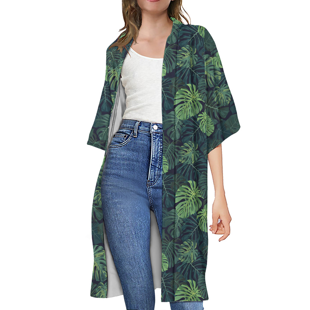 Monstera Palm Leaves Pattern Print Open Front Beach Cover Up