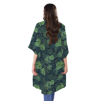 Monstera Palm Leaves Pattern Print Open Front Beach Cover Up