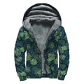 Monstera Palm Leaves Pattern Print Sherpa Lined Zip Up Hoodie