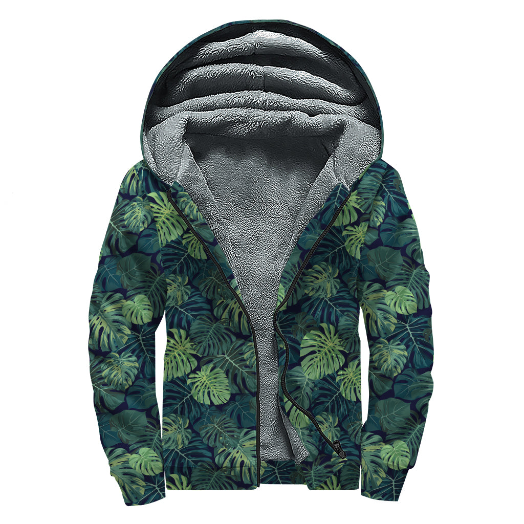 Monstera Palm Leaves Pattern Print Sherpa Lined Zip Up Hoodie