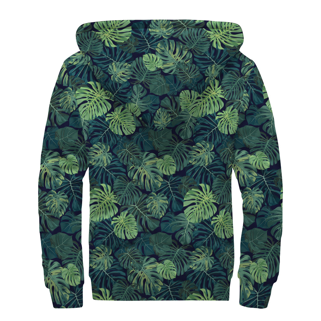 Monstera Palm Leaves Pattern Print Sherpa Lined Zip Up Hoodie