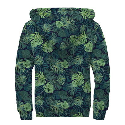 Monstera Palm Leaves Pattern Print Sherpa Lined Zip Up Hoodie