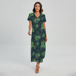 Monstera Palm Leaves Pattern Print Short Sleeve Maxi Dress
