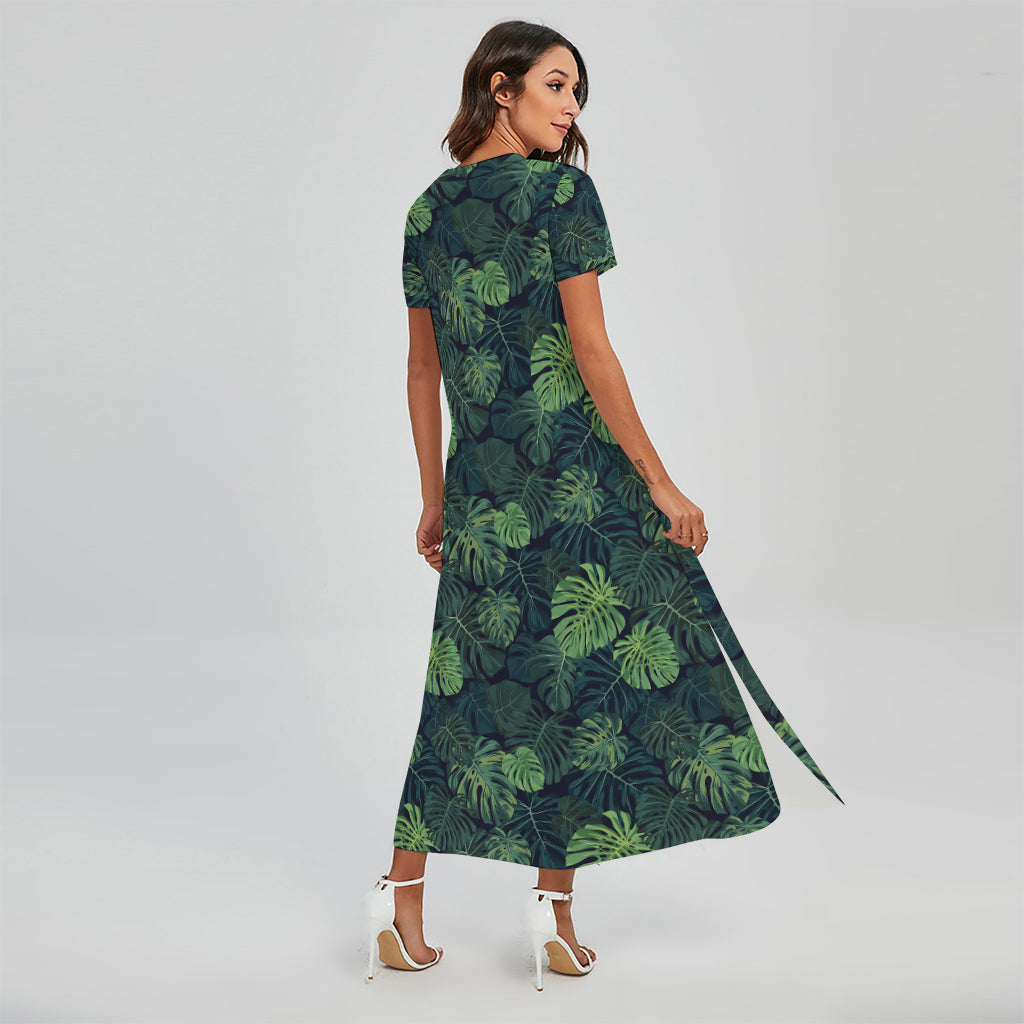 Monstera Palm Leaves Pattern Print Short Sleeve Maxi Dress