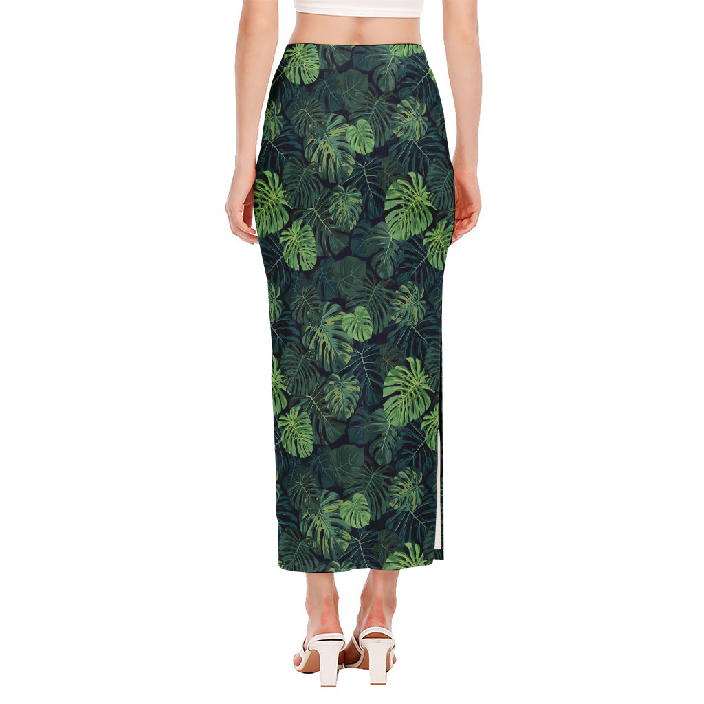 Monstera Palm Leaves Pattern Print Side Slit Maxi Skirt