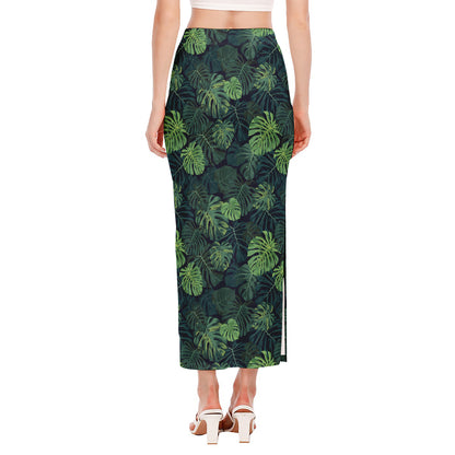 Monstera Palm Leaves Pattern Print Side Slit Maxi Skirt