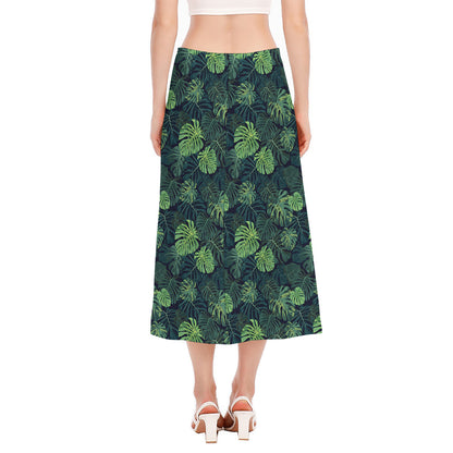 Monstera Palm Leaves Pattern Print Side Slit Midi Skirt