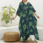 Monstera Palm Leaves Pattern Print Silk V-Neck Kaftan Dress