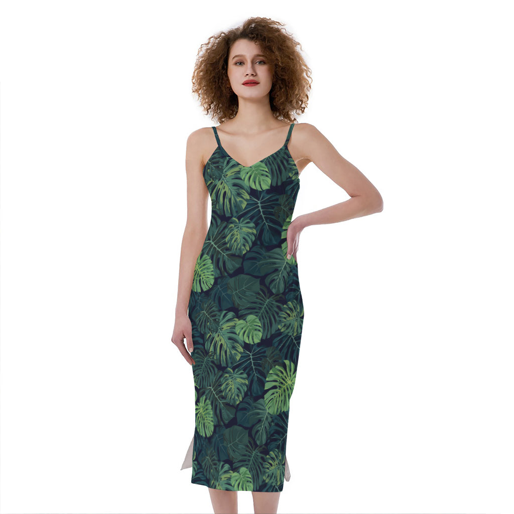 Monstera Palm Leaves Pattern Print Slim Fit Midi Cami Dress
