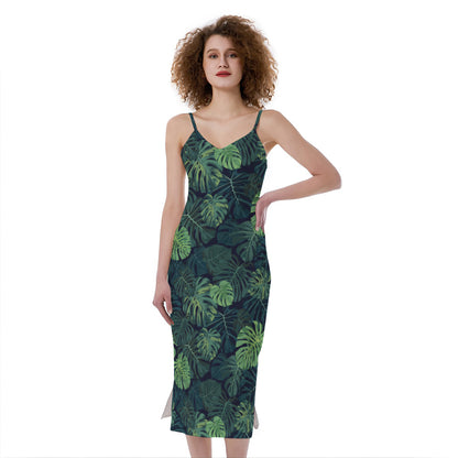 Monstera Palm Leaves Pattern Print Slim Fit Midi Cami Dress