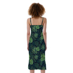Monstera Palm Leaves Pattern Print Slim Fit Midi Cami Dress