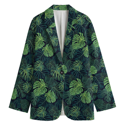 Monstera Palm Leaves Pattern Print Women's Cotton Blazer
