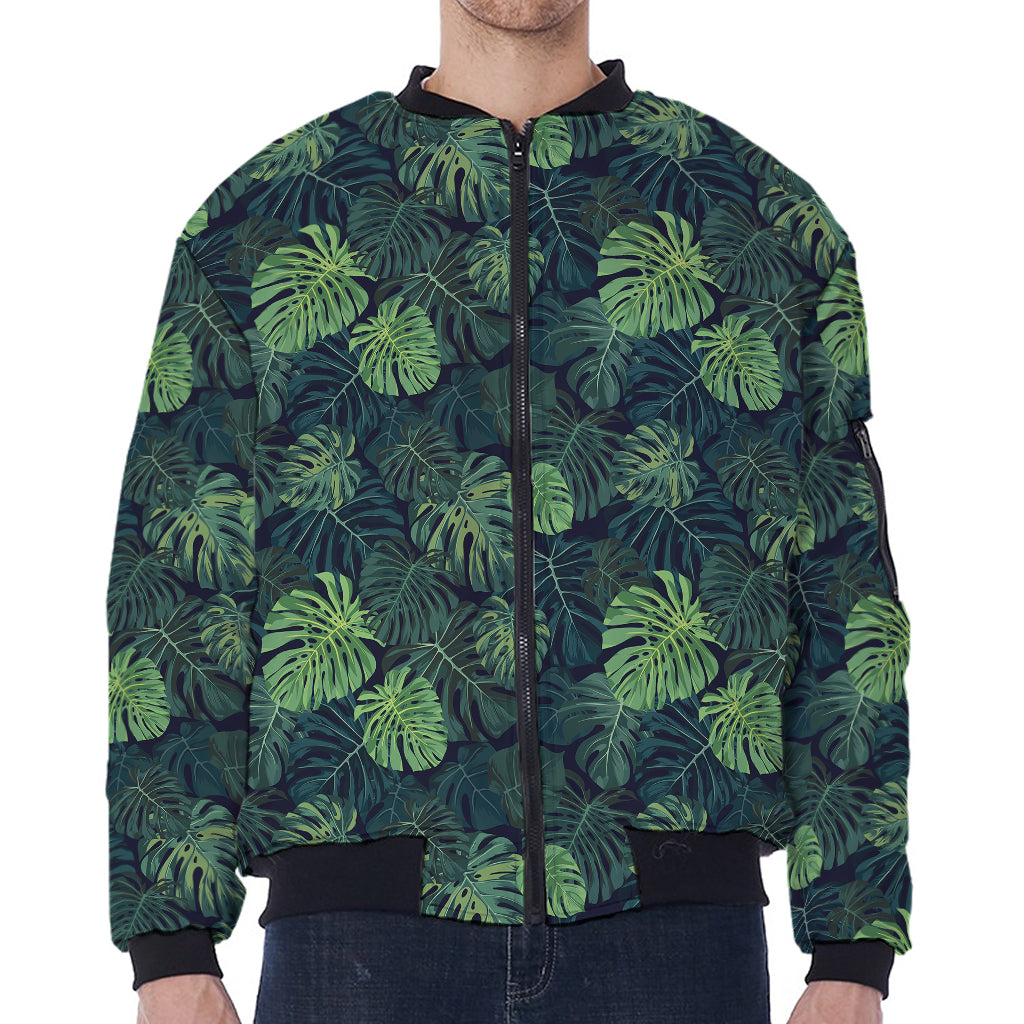 Monstera Palm Leaves Pattern Print Zip Sleeve Bomber Jacket