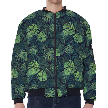 Monstera Palm Leaves Pattern Print Zip Sleeve Bomber Jacket
