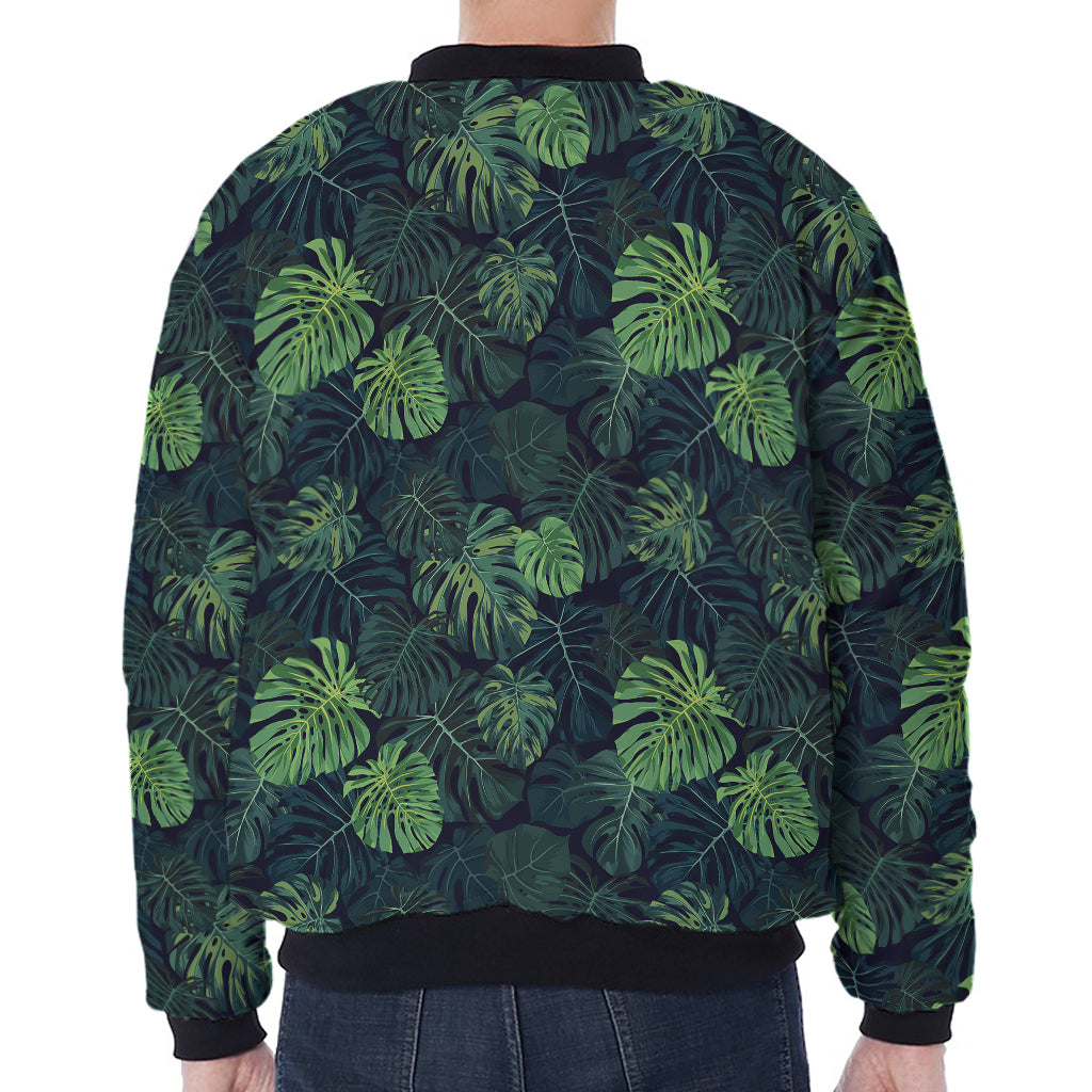 Monstera Palm Leaves Pattern Print Zip Sleeve Bomber Jacket