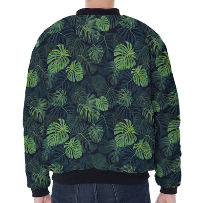 Monstera Palm Leaves Pattern Print Zip Sleeve Bomber Jacket