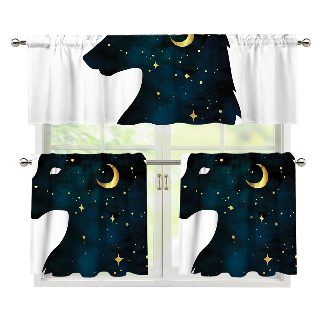 Moon And Stars Wolf Spirit Print 3 Piece Kitchen Curtains