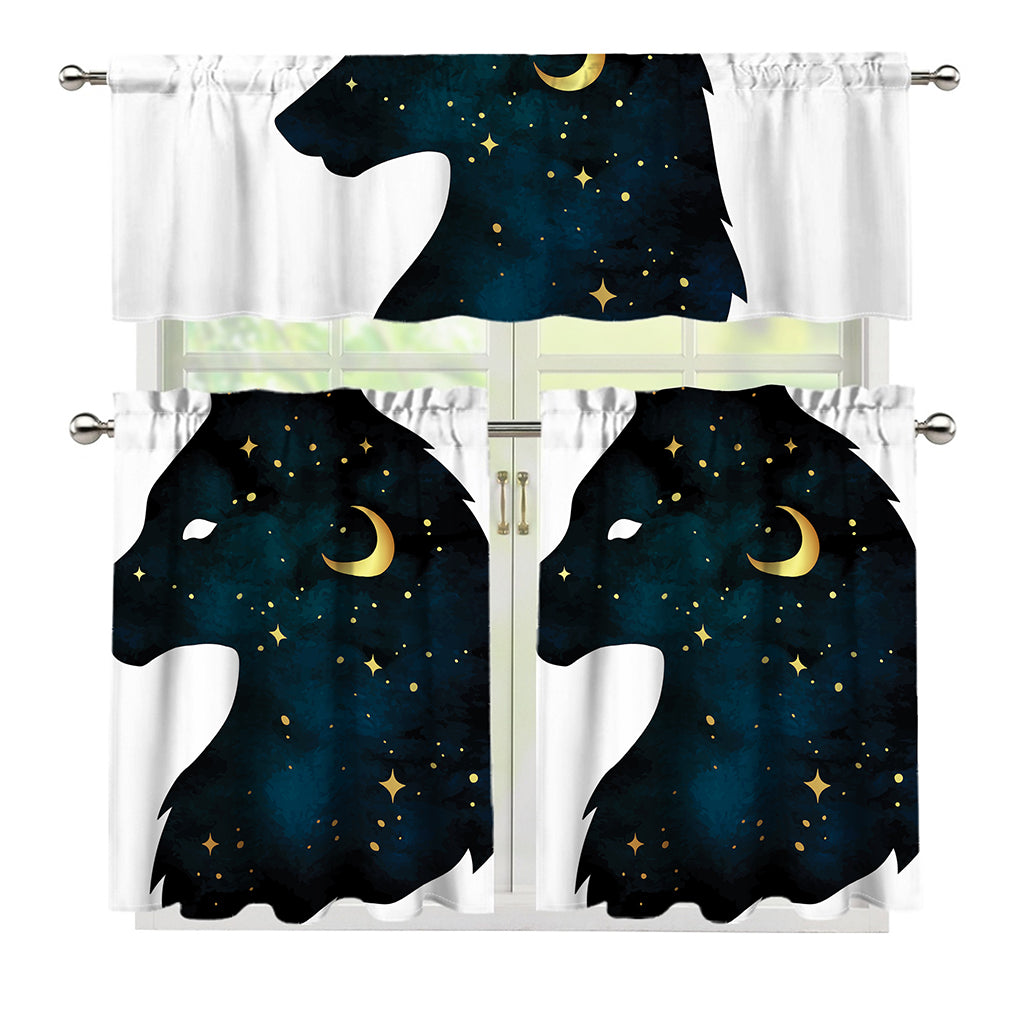 Moon And Stars Wolf Spirit Print 3 Piece Kitchen Curtains