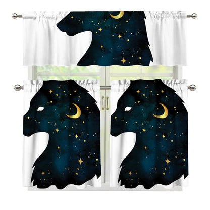 Moon And Stars Wolf Spirit Print 3 Piece Kitchen Curtains