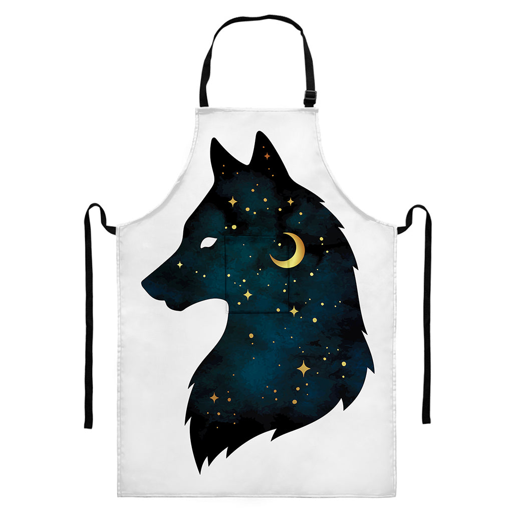 Moon And Stars Wolf Spirit Print Bib Apron With Pocket