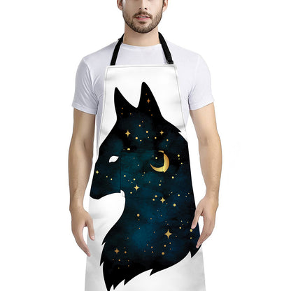 Moon And Stars Wolf Spirit Print Bib Apron With Pocket