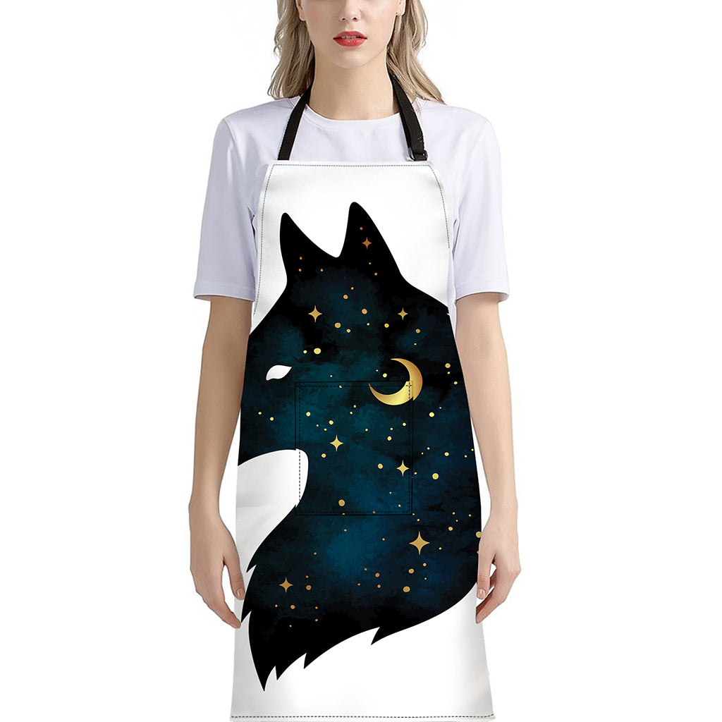 Moon And Stars Wolf Spirit Print Bib Apron With Pocket
