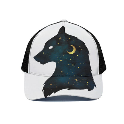 Moon And Stars Wolf Spirit Print Black Mesh Trucker Cap