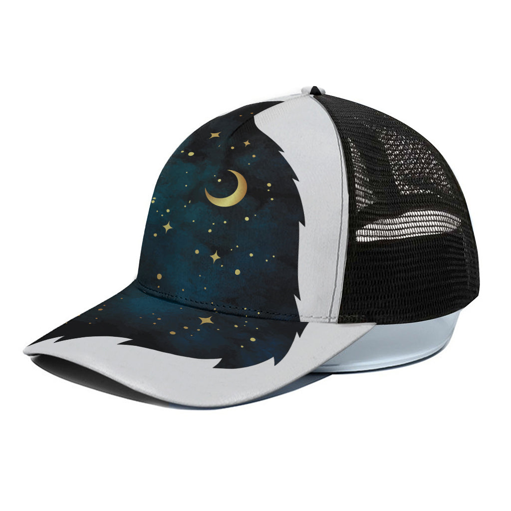 Moon And Stars Wolf Spirit Print Black Mesh Trucker Cap