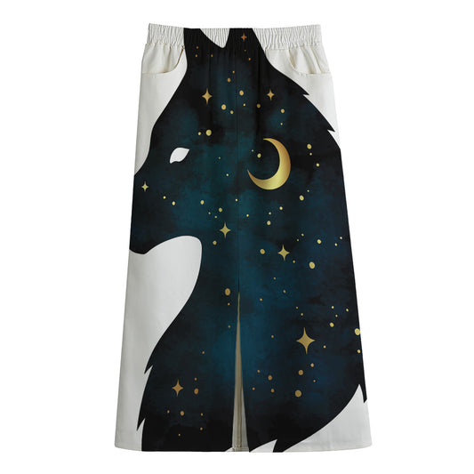 Moon And Stars Wolf Spirit Print Cotton Front Slit Maxi Skirt