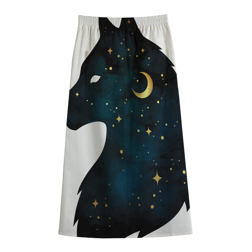 Moon And Stars Wolf Spirit Print Cotton Front Slit Maxi Skirt