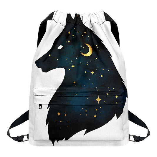 Moon And Stars Wolf Spirit Print Drawstring Backpack