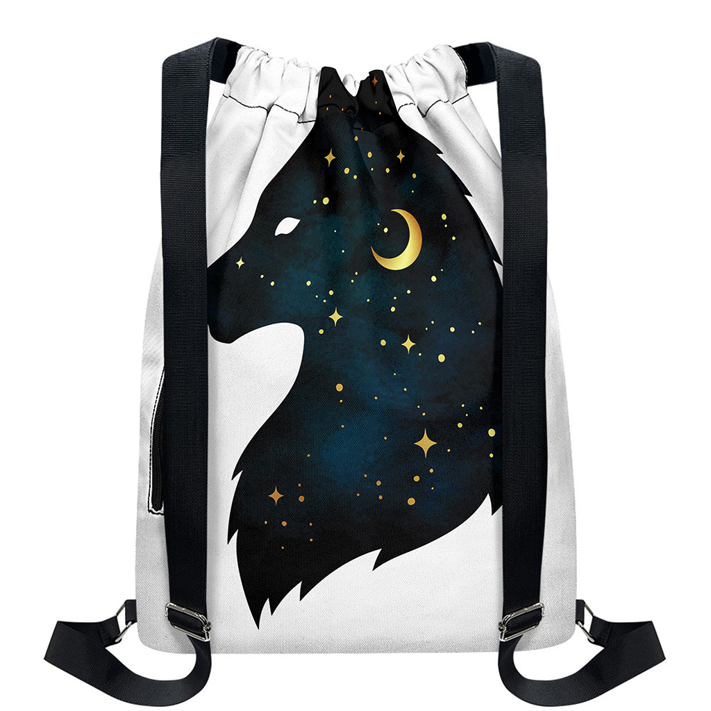 Moon And Stars Wolf Spirit Print Drawstring Backpack