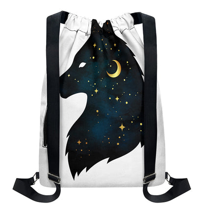 Moon And Stars Wolf Spirit Print Drawstring Backpack