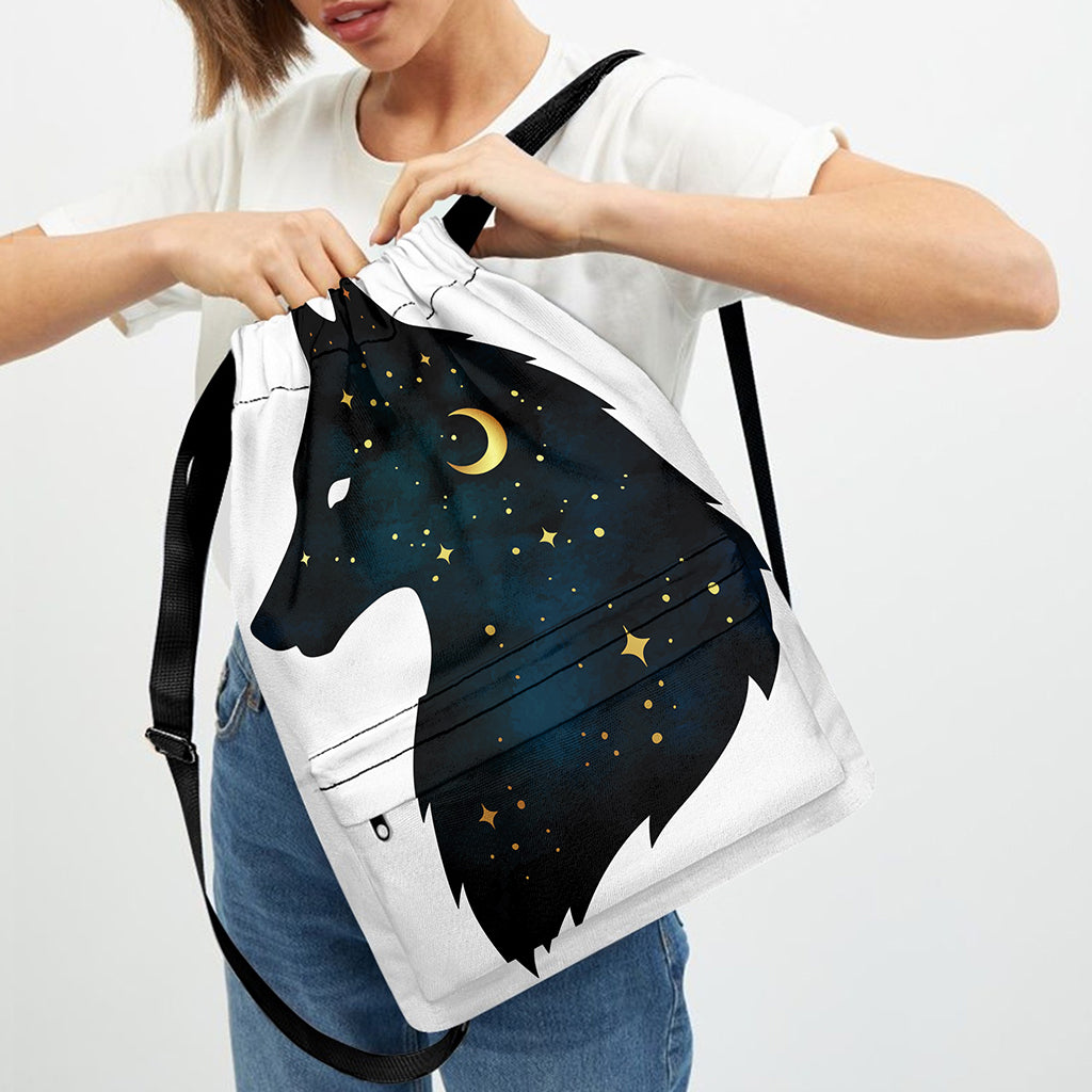 Moon And Stars Wolf Spirit Print Drawstring Backpack